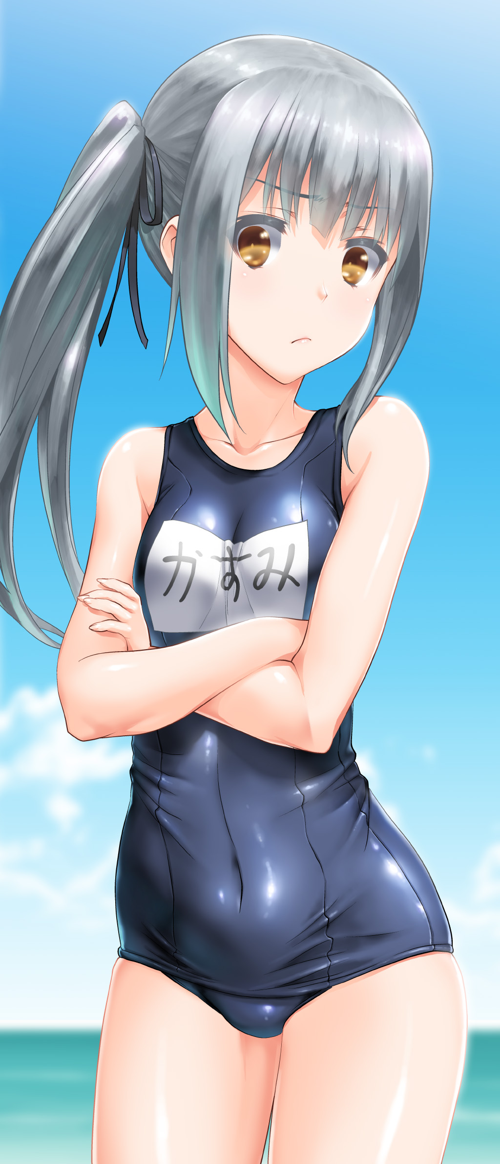 bare_arms bare_shoulders blue_swimsuit blurry breast_press breasts byeontae_jagga character_name cloud covered_navel cowboy_shot crossed_arms day depth_of_field eyebrows_visible_through_hair frown hair_between_eyes head_tilt highres kantai_collection kasumi_(kantai_collection) lips long_hair looking_at_viewer name_tag old_school_swimsuit one-piece_swimsuit school_swimsuit shiny shiny_clothes side_ponytail silver_hair sky small_breasts solo swimsuit thighs very_long_hair yellow_eyes