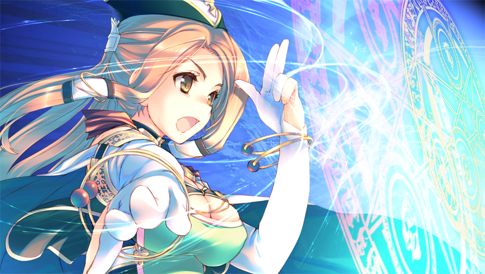 amazuyu_tatsuki aquaplus bracelet breasts brown_hair cleavage dungeon_travelers_2 elbow_gloves game_cg gloves hat irena_rosenmeier jewelry large_breasts long_hair magic magic_circle official_art open_mouth solo upper_body white_gloves