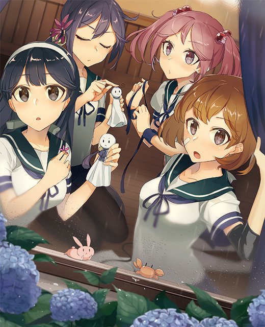 akebono_(kantai_collection) bandaid bandaid_on_face bangs bell black_hair black_legwear blurry brown_eyes character_doll curtains drew_(drew213g) dutch_angle eyebrows_visible_through_hair flower hair_bell hair_between_eyes hair_bobbles hair_flower hair_ornament hydrangea indoors jingle_bell kantai_collection long_hair looking_at_viewer looking_away looking_out_window miniskirt multiple_girls oboro_(kantai_collection) official_art open_mouth orange_eyes orange_hair pantyhose parted_bangs remodel_(kantai_collection) sailor_collar sazanami_(kantai_collection) school_uniform seiza serafuku short_hair short_sleeves short_twintails side_ponytail sitting skirt teruterubouzu tongue twintails upper_body ushio_(kantai_collection) very_long_hair water wet window wooden_floor wooden_wall