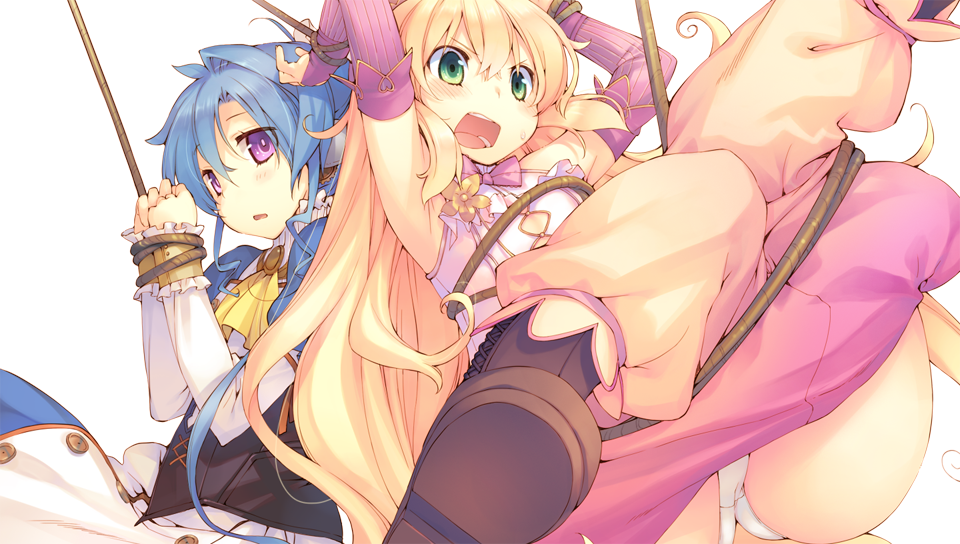 aquaplus arms_up blonde_hair blue_hair boots bound bound_wrists bridal_gauntlets dress dungeon_travelers_2 erthuricia_vitor_de_ritzhevin furrowed_eyebrows game_cg green_eyes hands_together ist kokonoka long_hair long_sleeves multiple_girls official_art open_mouth panties pants_pull purple_eyes rope sweat tangle transparent_background underwear white_panties