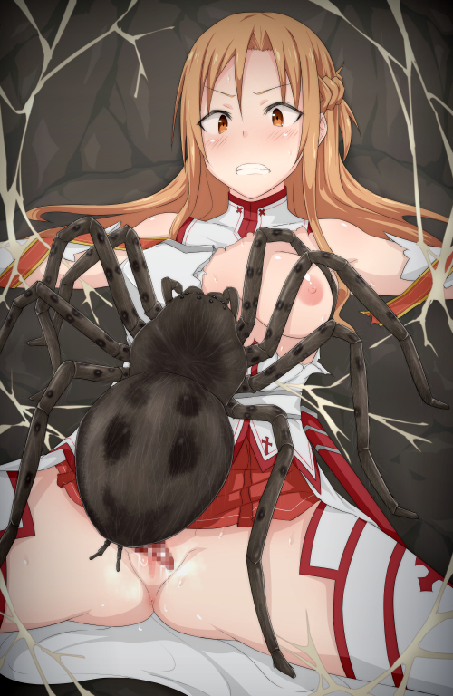 2016 amber_eyes anus arachnid areola arthropod bestiality blush breasts brown_background brown_hair butt censored clothed clothing female female_on_feral feral hair human human_on_feral interspecies long_hair male male/female mammal mingaru mosaic_censorship nipples penis pussy simple_background spider spread_legs spreading sword_art_online teeth torn_clothing web