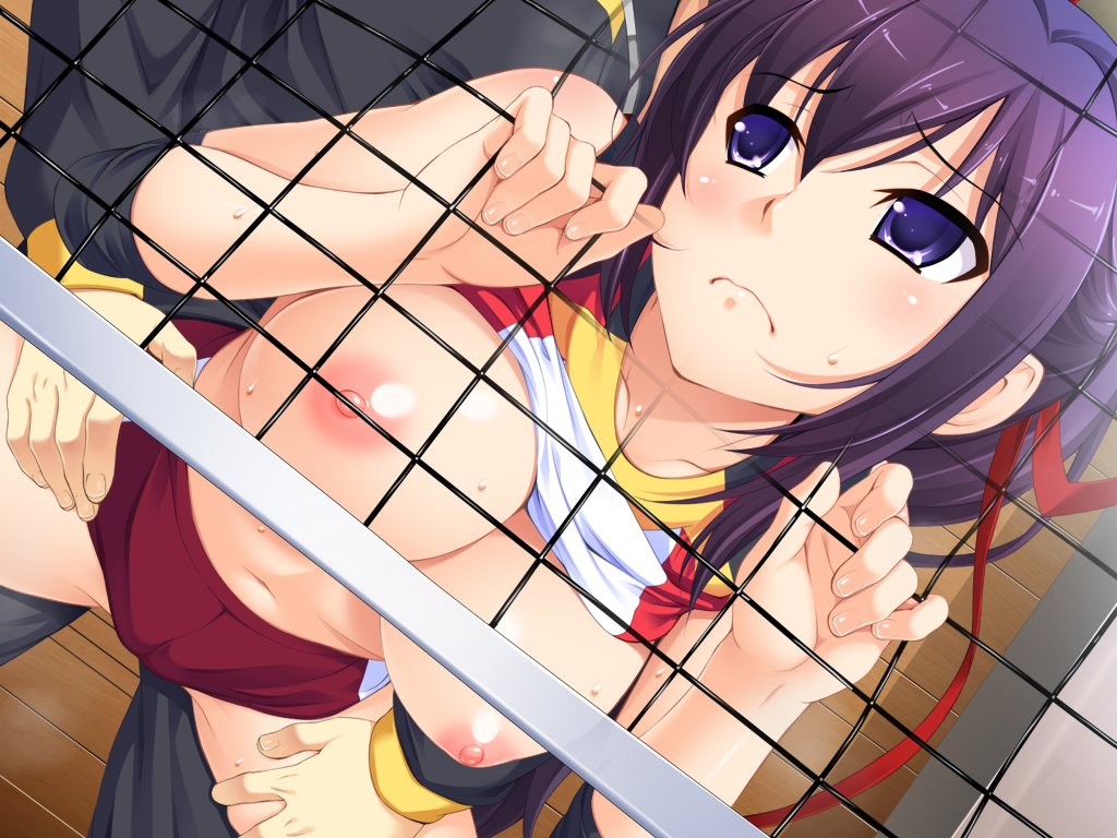 1girl bare_shoulders breasts buruma dry_humping elbow_pads game_cg hair_between_eyes hair_ribbon humping large_breasts looking_back ponytail purple_eyes purple_hair red_buruma red_ribbon ribbon shirt_lift solo_focus sportswear spread_legs sweat track_suit unagimaru volley_coaching! volleyball_net volleyball_uniform wavy_mouth yaotome_misuzu