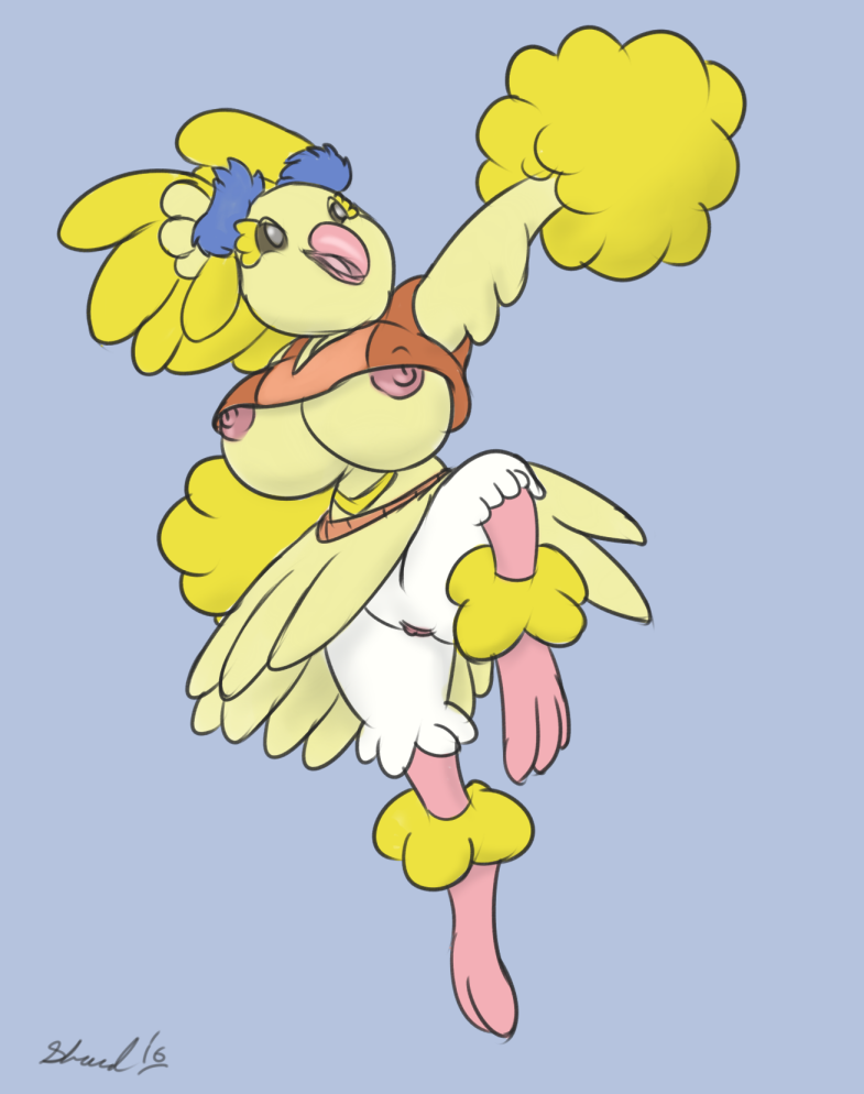 anthro avian big_breasts bird breasts cheerleader feathers female flashing nintendo oricorio pok&eacute;mon shardshatter simple_background video_games