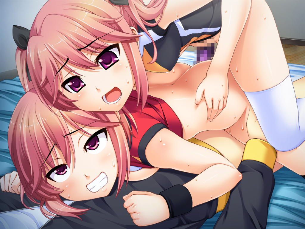2girls anal ass bangs bare_shoulders bisexual_(female) black_ribbon breasts censored clenched_teeth dildo double_dildo double_penetration eyebrows_visible_through_hair ffm_threesome flower game_cg girl_on_top group_sex hair_flower hair_ornament hair_ribbon hetero hinamori_anzu hinamori_ichigo incest medium_breasts mosaic_censoring multiple_girls open_mouth pink_hair purple_eyes red_flower red_rose ribbon rolling_eyes rose sex shared_object_insertion shirt_lift short_hair siblings sisters sweat sweatband teeth thighhighs threesome twincest twins unagimaru vaginal volley_coaching! white_legwear
