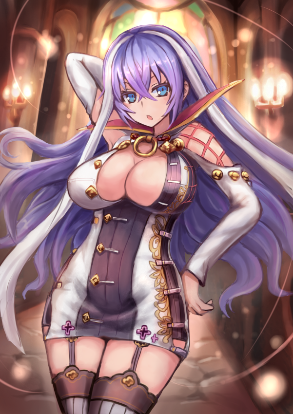 :o arm_behind_head arm_up armpits black_legwear blue_eyes breasts cleavage commentary_request cowboy_shot dress garter_straps hair_between_eyes isabelle_(shadowverse) large_breasts long_hair looking_at_viewer multicolored_hair purple_hair shadowverse short_dress solo sumapan thighhighs two-tone_hair v-shaped_eyebrows white_hair