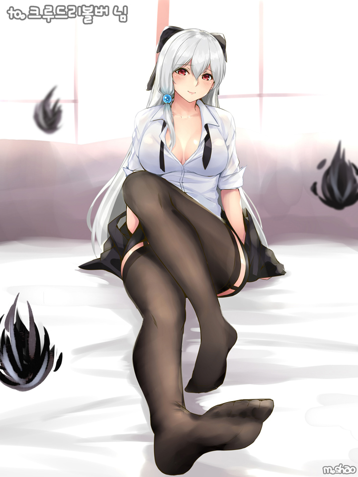 bangs black_bow black_fire black_legwear blush bow breasts cleavage closed_mouth collarbone commentary_request dress_shirt dungeon_and_fighter feet fire foreshortening garter_straps hair_between_eyes hair_bow hair_ornament jacket jacket_removed large_breasts long_hair looking_at_viewer no_shoes red_eyes shaojiang shirt silver_hair sitting sleeves_rolled_up smile soles solo thighhighs translation_request untied white_shirt