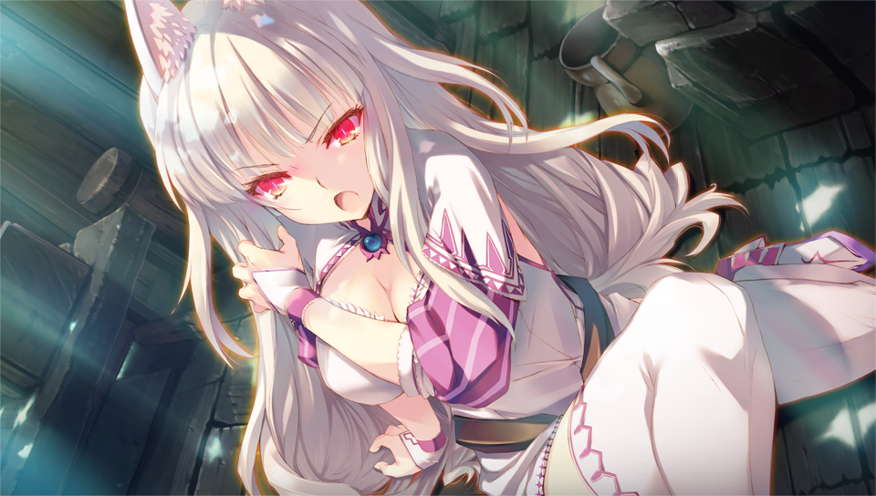 animal_ears aquaplus boots breasts bright_pupils cleavage dappled_sunlight dungeon_travelers_2 from_above game_cg glowing glowing_eyes kawata_hisashi large_breasts light_rays long_hair mefmera official_art on_floor open_mouth red_eyes sleeves_past_elbows slit_pupils solo sunlight thigh_boots thighhighs white_legwear