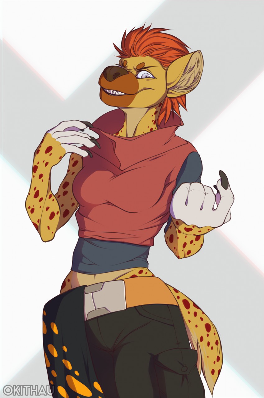 anthro clothed clothing female fur hair hyena looking_at_viewer mammal okithau simple_background smile solo teeth