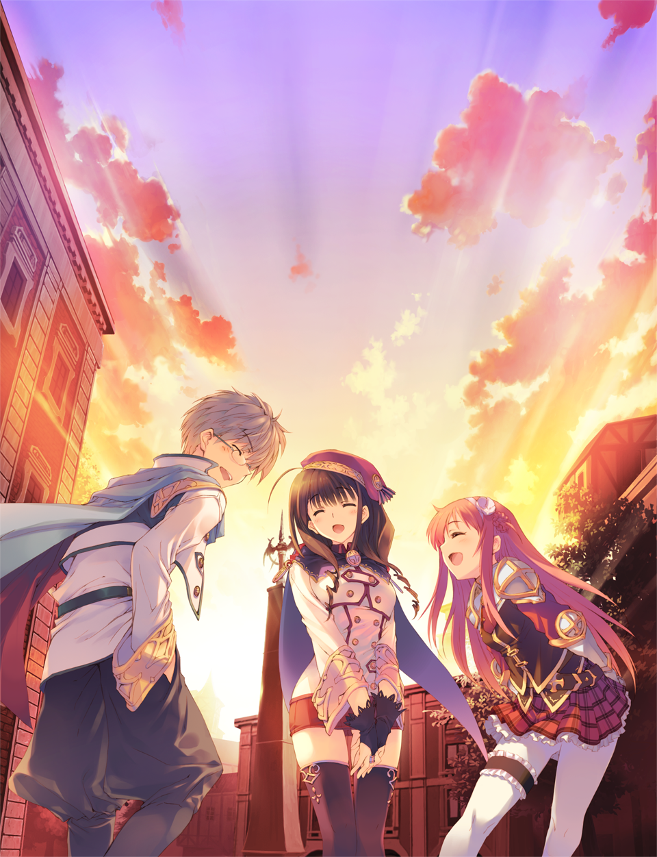 2girls alisia_heart aquaplus arms_behind_back black_hair bridal_gauntlets cape closed_eyes dungeon_travelers_2 dusk game_cg glasses greaves hairband hands_in_pockets hands_together hat highres long_hair long_sleeves melvy_de_florencia mitsumi_misato multiple_girls official_art open_mouth outdoors pantyhose pencil_skirt plaid plaid_skirt red_hair rimless_eyewear short_hair skirt sleeve_cuffs standing v_arms white_legwear