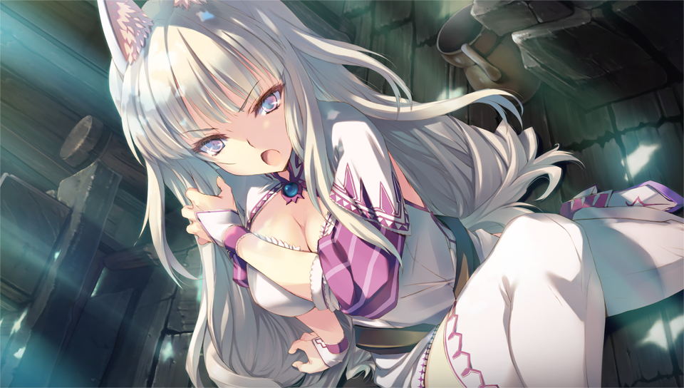 :o animal_ears aquaplus arm_support bangs blunt_bangs boots breasts cleavage dappled_sunlight dress dungeon_travelers_2 dutch_angle fox_ears from_above game_cg jug kawata_hisashi large_breasts light_rays looking_at_viewer looking_up mefmera official_art on_floor open_mouth puffy_short_sleeves puffy_sleeves short_sleeves sitting sleeves_past_elbows solo sunlight thigh_boots thighhighs v-shaped_eyebrows white_dress white_eyes white_legwear wooden_floor zettai_ryouiki
