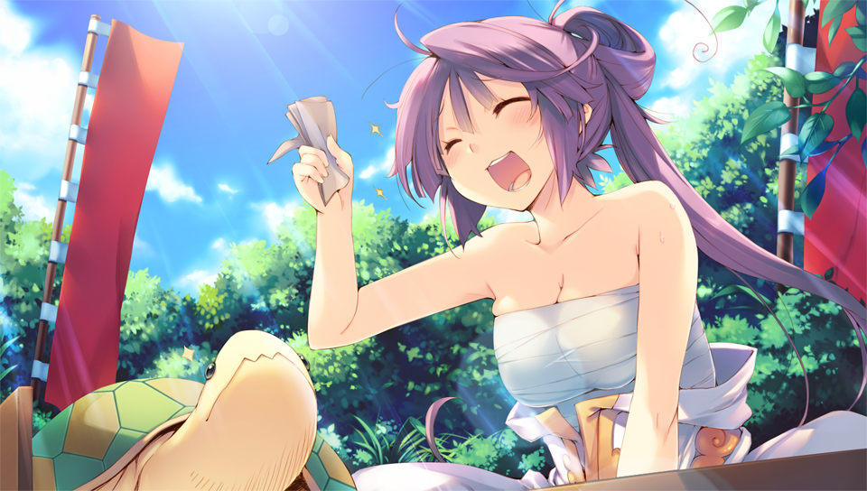 aquaplus bare_shoulders breasts cleavage closed_eyes day dungeon_travelers_2 flag holding houzouji_yae kokonoka large_breasts light_rays long_hair open_mouth outdoors purple_hair sarashi sky solo turtle