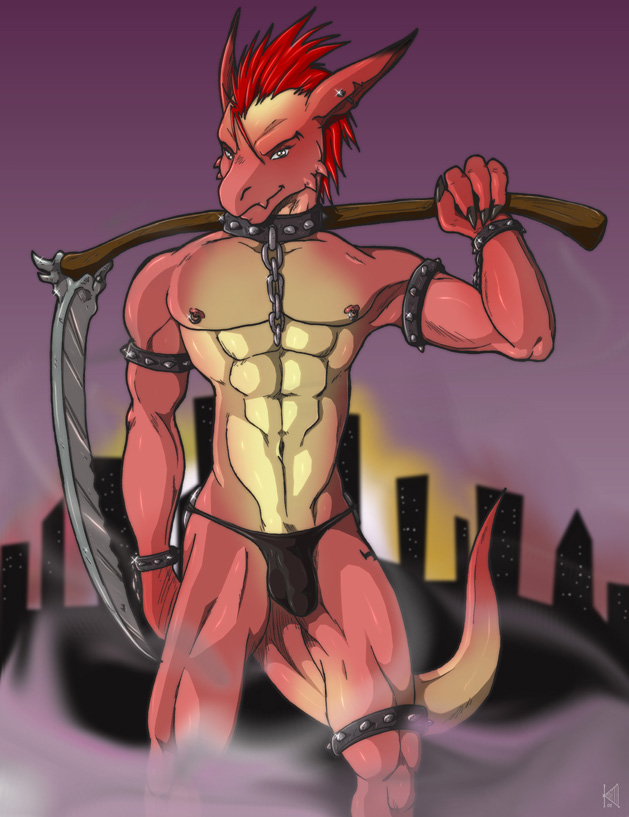 anthro bulge chain chuck clothing collar conditional_dnp demon dragon ear_piercing hair kadath looking_at_viewer melee_weapon mist muscular navel nipple_piercing nipples piercing polearm reaping_hook red_hair scythe spiked_collar spikes underwear weapon