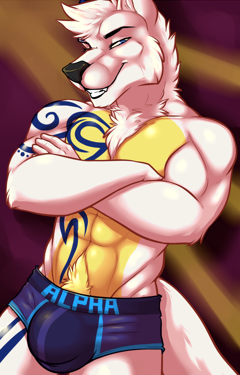 2016 abs abstract_background anthro arm_markings biceps biped black_nose blue_eyes blue_fur blue_markings boxer_briefs bulge canine cheek_tuft chest_markings clothed clothing countershade_torso crossed_arms digital_media_(artwork) eyebrows fcsimba front_view fur fur_tuft grin half-closed_eyes head_tuft hi_res looking_at_viewer male mammal markings multicolored_fur muscular muscular_male pecs pinup portrait pose pubes reverse_countershading shaded soft_shading solo standing stomach_markings tattoo teasing teeth three-quarter_portrait topless tribal_markings tuft ulric_arnoux underwear white_fur white_tail wolf yellow_countershading yellow_fur