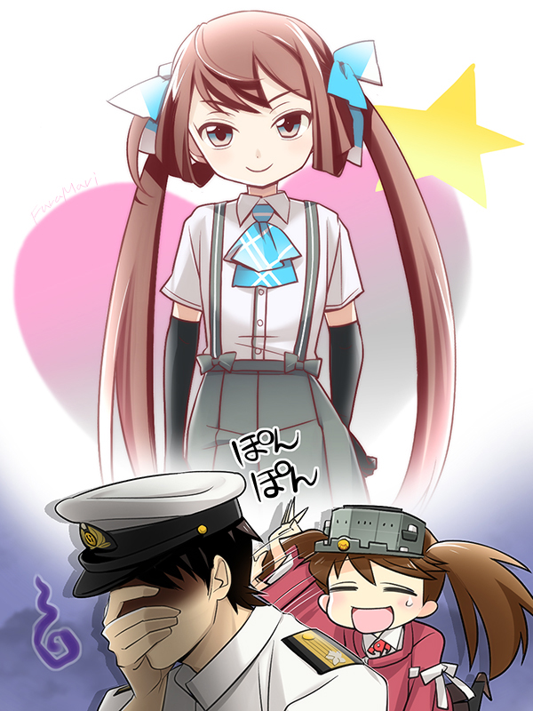 2girls admiral_(kantai_collection) afterimage asagumo_(kantai_collection) ascot black_gloves blue_eyes brown_hair closed_eyes commentary_request elbow_gloves facepalm gloves hair_ribbon hat japanese_clothes kantai_collection kariginu leg_up magatama military military_hat military_uniform motion_lines multiple_girls open_mouth pleated_skirt primary_stage ribbon ryuujou_(kantai_collection) shaded_face skirt smile star suspenders sweatdrop twintails uniform visor_cap