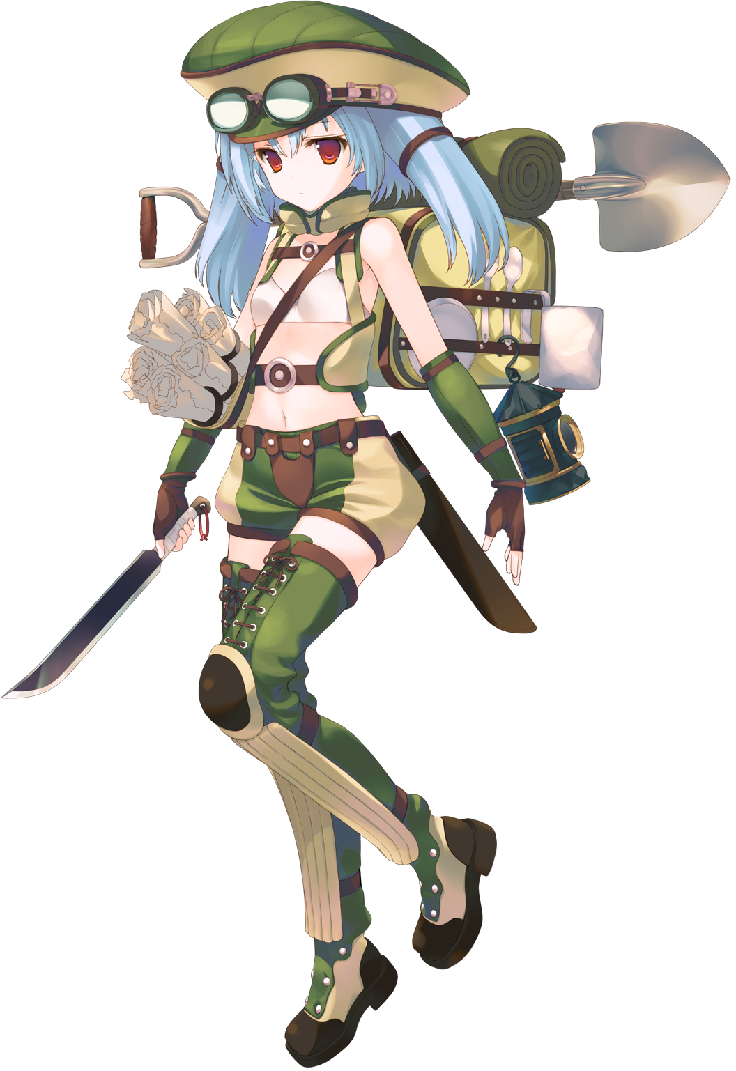 aquaplus backpack bag blue_hair boots bou dungeon_travelers_2 fingerless_gloves full_body gloves hat highres holding holding_weapon knife long_hair midriff navel red_eyes shorts shovel solo thigh_boots thighhighs transparent_background tsurara_(dungeon_travelers_2) weapon