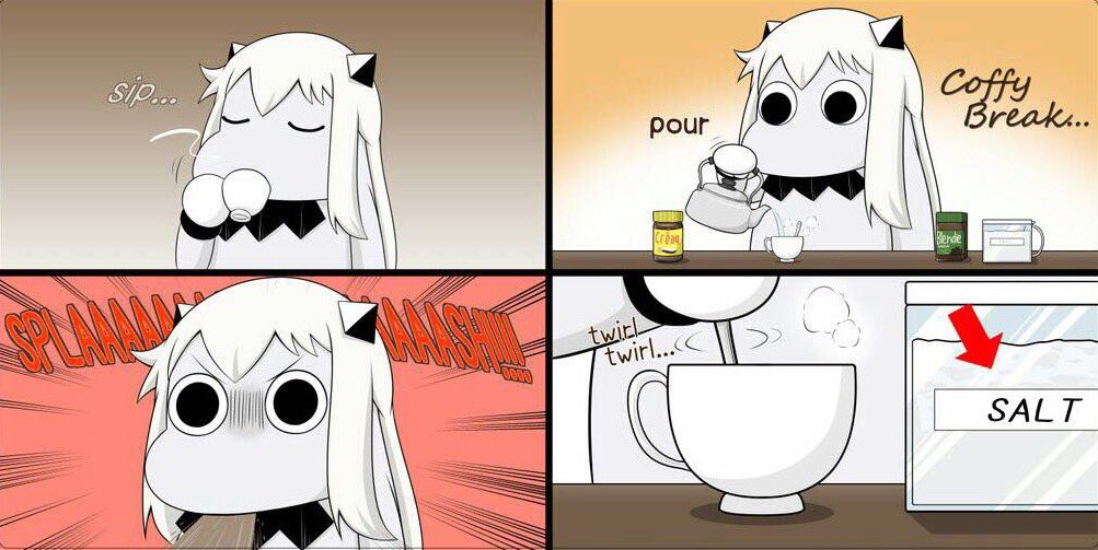 4koma closed_eyes coffee collar comic commentary cup drinking engrish horns kantai_collection kettle long_hair looking_at_viewer mittens moomin moomintroll muppo northern_ocean_hime pouring ranguage salt sazanami_konami spit_take spitting spoon stirring teacup white_hair