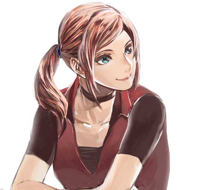 1girl ankomochi breasts brown_hair claire_redfield commentary_request green_eyes medium_hair ponytail resident_evil resident_evil_2 resident_evil_code:_veronica smile solo
