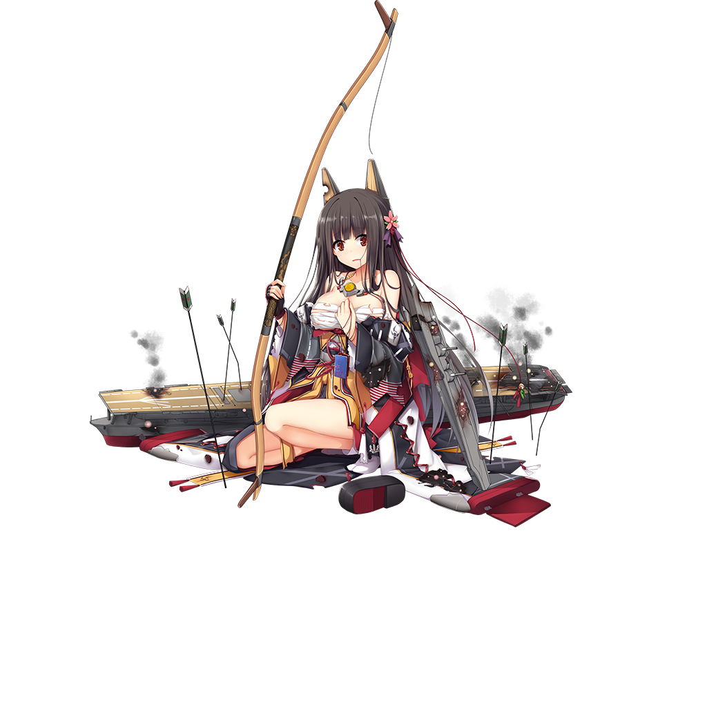 aixioo akagi_(zhan_jian_shao_nyu) animal_ears arrow bangs bell black_gloves black_hair blunt_bangs bow_(weapon) breasts broken brown_eyes cannon damaged detached_sleeves fake_animal_ears fingerless_gloves flight_deck flower full_body gloves hair_flower hair_in_mouth hair_ornament headgear holding holding_bow_(weapon) holding_weapon japanese_clothes kneeling large_breasts long_hair long_sleeves looking_at_viewer machinery obi official_art parted_lips remodel_(zhan_jian_shao_nyu) rigging sandals sandals_removed sash single_glove smoke solo tabi torn_clothes transparent_background turret weapon wide_sleeves zhan_jian_shao_nyu