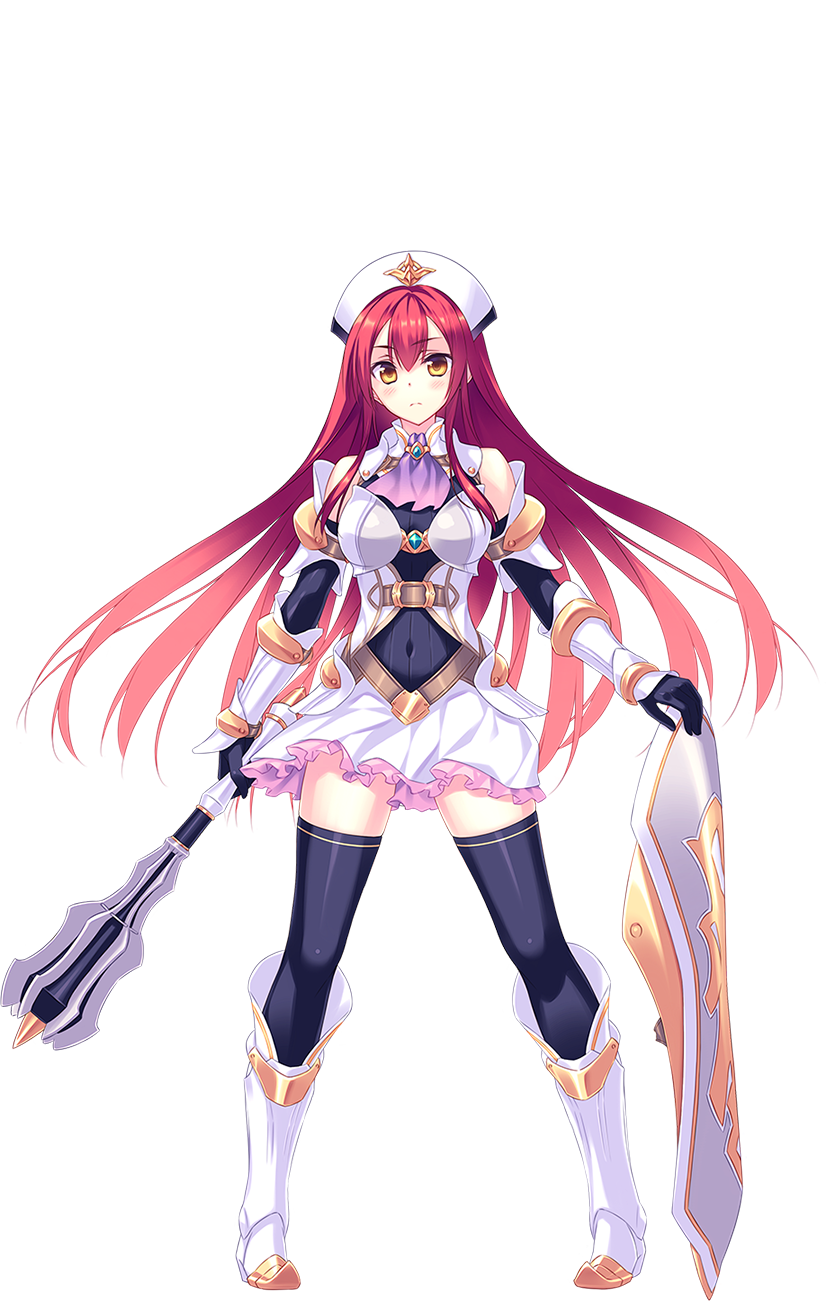 armor armored_boots boots covered_navel flanged_mace full_body gloves gradient_hair headdress highres holding holding_shield holding_weapon mace maribel_(sennen_sensou_aigis) miyatsuki_itsuka multicolored_hair official_art pink_hair red_hair sennen_sensou_aigis shield skirt solo thigh_boots thighhighs transparent_background weapon yellow_eyes