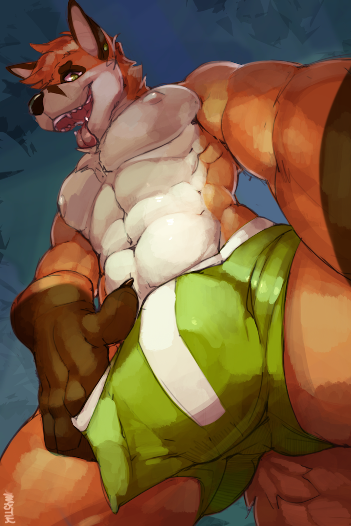 2016 abs anthro biceps black_nose boxer_briefs brown_fur brown_markings bulge canine chest_tuft claws clothed clothing countershade_face countershade_torso countershading digital_media_(artwork) ear_piercing facial_markings foreshortening fox fur gloves_(marking) green_bottomwear green_clothing green_eyes head_tuft looking_at_viewer looking_down low-angle_view male mammal markings mrfoxees multicolored_fur muscular muscular_male mystikfox61 nipples open_mouth orange_fur orange_tail pecs piercing pink_tongue signature snout solo teeth tongue tongue_out topless tuft underwear white_countershading white_fur worm's-eye_view