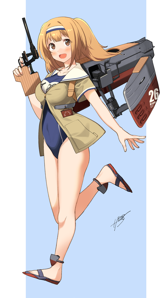 :d breasts gun hairband handgun i-26_(kantai_collection) kantai_collection large_breasts light_brown_eyes light_brown_hair long_hair machinery new_school_swimsuit one-piece_swimsuit open_mouth pistol sahuyaiya sailor_collar sandals school_swimsuit short_sleeves smile solo swimsuit two-tone_hairband two_side_up weapon