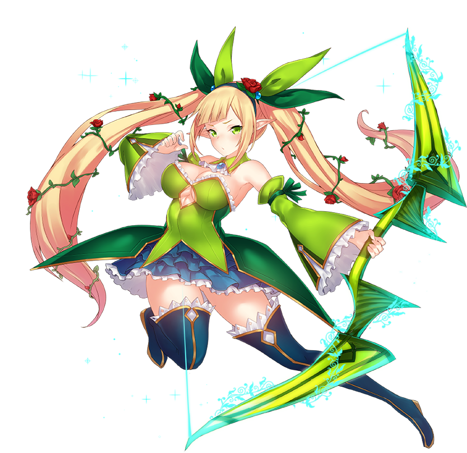 ass_visible_through_thighs awakening_(sennen_sensou_aigis) blonde_hair boots bow_(weapon) breasts cleavage detached_collar detached_sleeves dress floating_hair flower frilled_skirt frills full_body green_eyes hair_flower hair_ornament holding holding_bow_(weapon) holding_weapon inayama large_breasts long_hair official_art plant pointy_ears sennen_sensou_aigis skirt solo spica_(sennen_sensou_aigis) thigh_boots thighhighs transparent_background twintails vines weapon