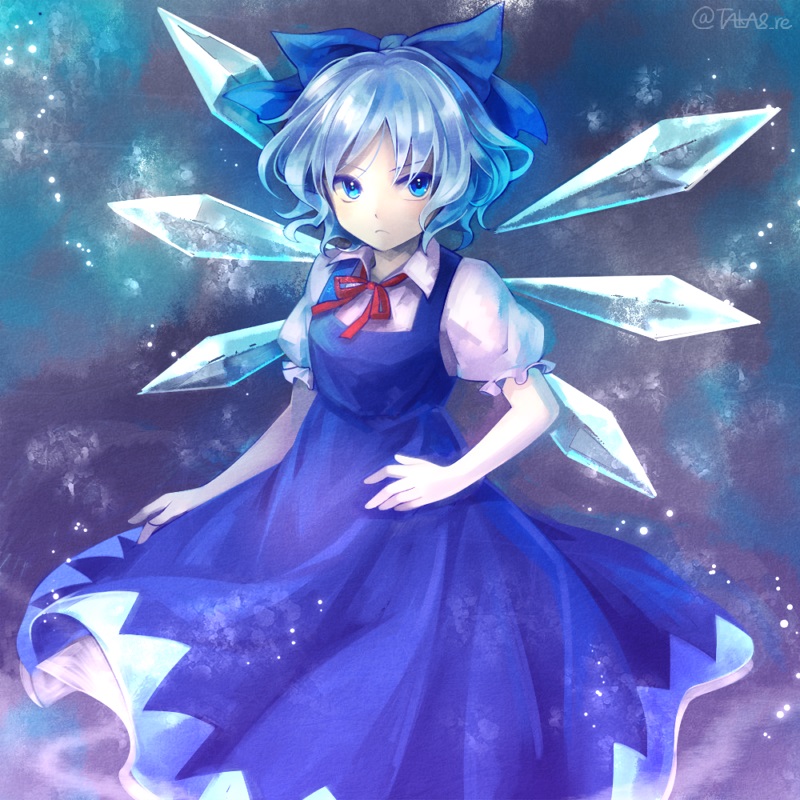 bad_id bad_pixiv_id banned_artist blue_dress blue_eyes blue_hair cirno dress ice ice_wings solo touhou wings yuge_mugito