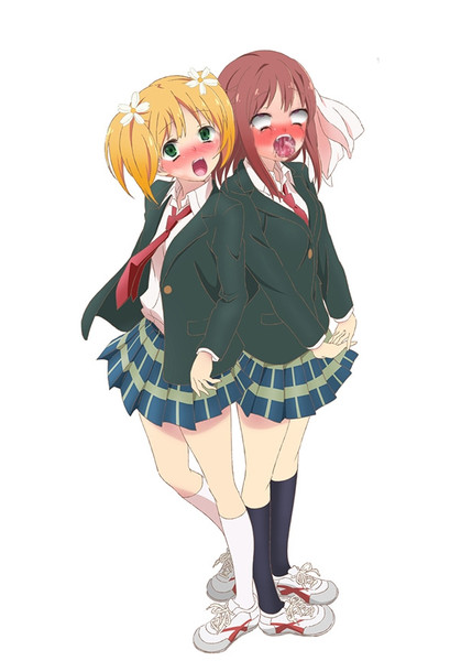 2girls ahegao ahegao_face back-to-back black_socks blush edit eyebrows_visible_through_hair eyes_rolled_back flower funny meme multiple_girls sakura_trick saliva school_uniform sonoda_yuu takayama_haruka tie tongue_out white_socks yuri