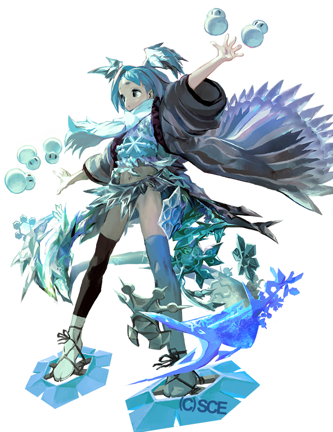 arm_up black_legwear blue_eyes blue_hair blue_legwear company_name crystal destiny_of_spirits full_body ice japanese_clothes kawaguchi_youhei looking_away midriff mismatched_legwear official_art outstretched_arms scarf short_eyebrows short_twintails simple_background snow snowflakes snowman solo tabi thick_eyebrows thighhighs twintails white_background white_scarf wide_sleeves yuki-onna_(destiny_of_spirits) yuki_onna
