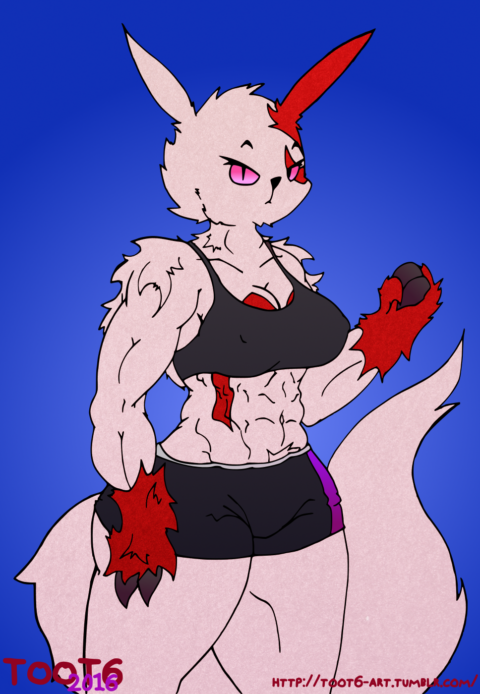 abstract_background anthro anthrofied bra breasts clothing facial_markings female looking_at_viewer mammal markings muscular muscular_female nintendo pok&eacute;mon shorts solo sports_bra thick_thighs toot6 underwear video_games wide_hips zangoose