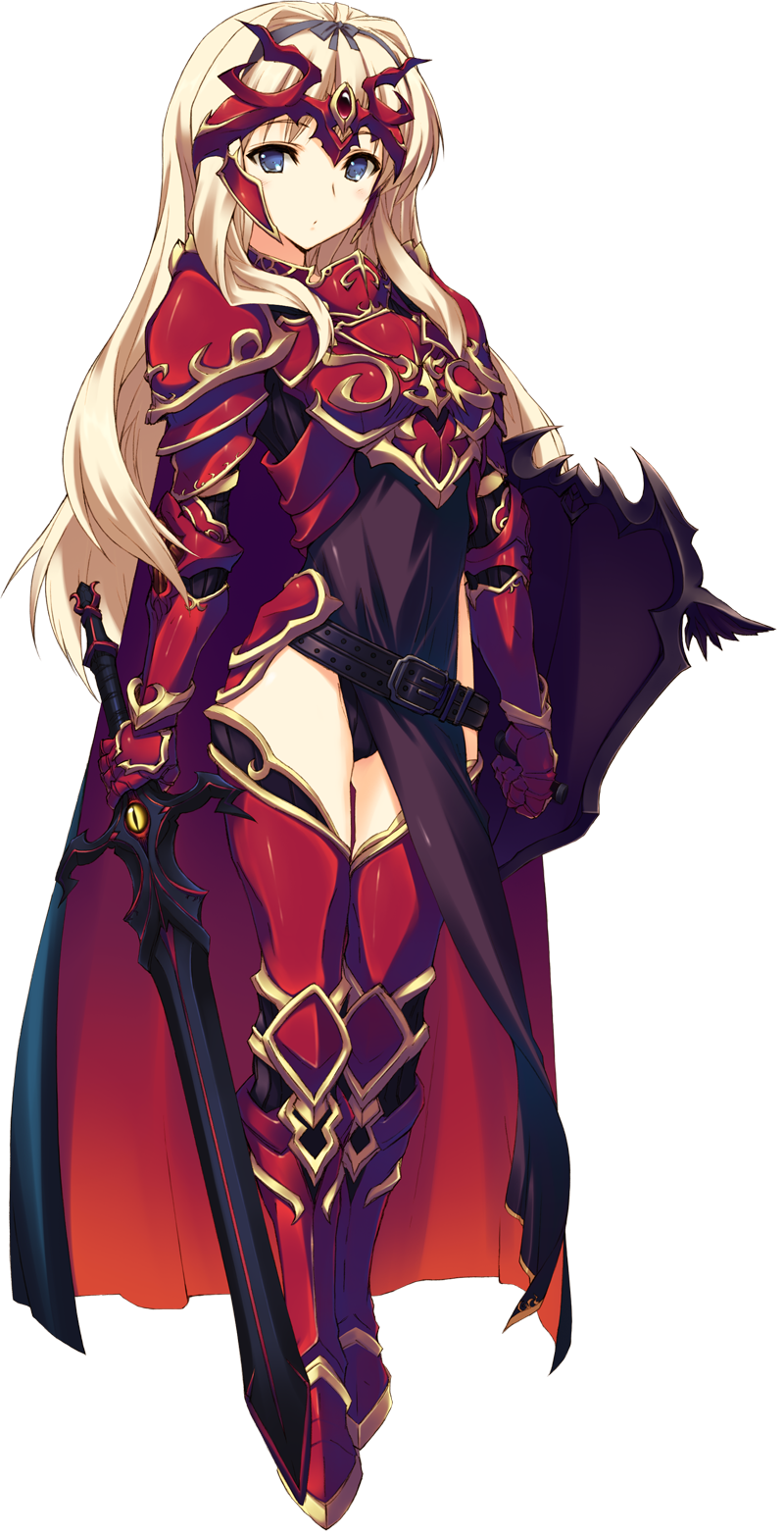 armor armored_boots belt blonde_hair blue_eyes blush boots breastplate full_body gauntlets highres holding holding_weapon kawata_hisashi kusugawa_sasara long_hair looking_at_viewer pauldrons pelvic_curtain shield solo standing sword thighhighs to_heart_2 to_heart_2_dungeon_travelers transparent_background weapon