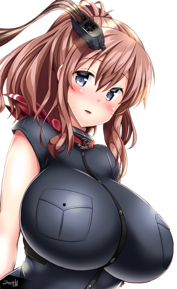 anchor artist_name black_blouse blouse blue_eyes blush breast_pocket breasts brown_hair eyebrows_visible_through_hair funnel huge_breasts kantai_collection looking_at_viewer neckerchief open_mouth pocket ponytail red_neckwear remodel_(kantai_collection) saratoga_(kantai_collection) side_ponytail simple_background solo white_background yuuki_hb