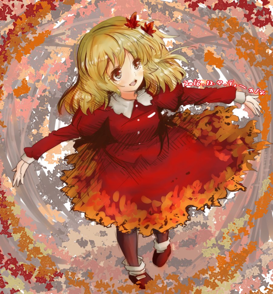 2016 aki_shizuha autumn autumn_leaves blonde_hair commentary_request dated dress full_body hair_ornament juliet_sleeves leaf_hair_ornament long_sleeves outstretched_arms pantyhose puffy_sleeves red_dress shoes smile solo standing tikano touhou