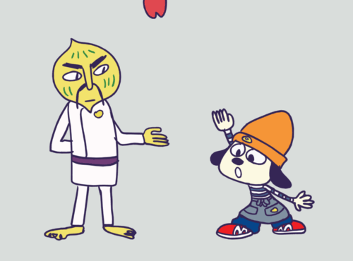 2016 animated anthro apple banana berry canine chop chop_chop_master_onion clothed clothing dog duo food fruit hair hat male mammal parappa parappa_the_rapper simple_background thefantastician video_games