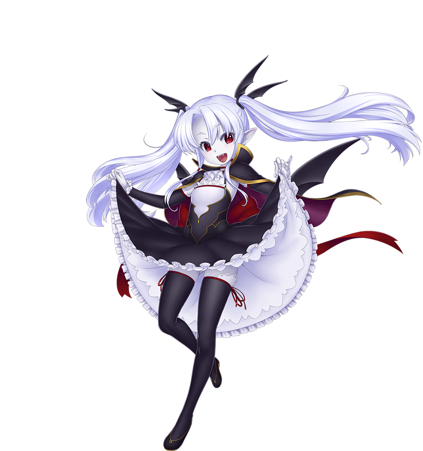 bat_wings black_legwear cape detached_sleeves dress eden_(sennen_sensou_aigis) fangs floating_hair full_body gochou_(kedama) head_wings lifted_by_self long_hair looking_at_viewer official_art open_mouth pointy_ears red_eyes sennen_sensou_aigis skirt skirt_lift smile solo thighhighs transparent_background twintails vampire white_hair white_skin wings
