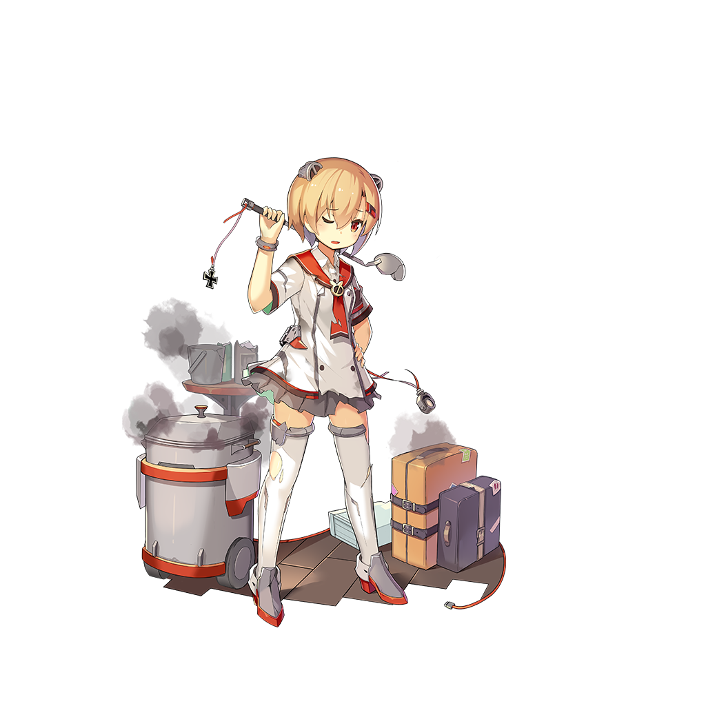 alternate_costume animal_ears armband blonde_hair bottle bracelet breasts broken bucket buttons double-breasted fake_animal_ears full_body graf_spee_(zhan_jian_shao_nyu) hair_between_eyes hair_ornament hairclip hand_on_hip holding iron_cross jewelry ladle legs_apart lino-lin looking_at_viewer luggage machinery official_art one_eye_closed open_mouth pleated_skirt red_eyes rigging searchlight short_hair short_sleeves skirt small_breasts smoke solo standing table thighhighs torn_clothes transparent_background vest white_legwear white_vest wine_bottle zettai_ryouiki zhan_jian_shao_nyu
