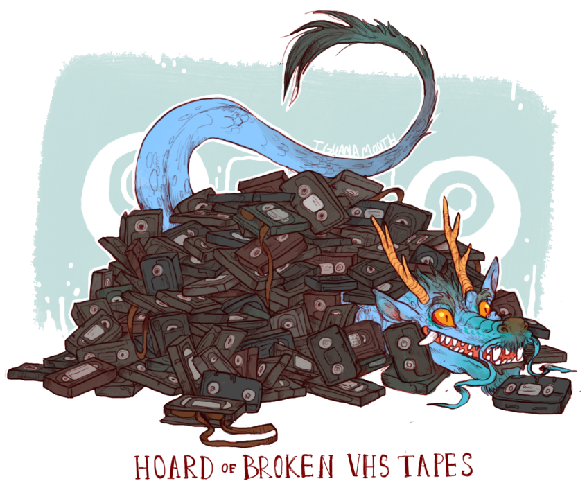 antlers dragon eastern_dragon english_text feral flesh_whiskers happy hoard horn iguanamouth long_tail lying on_front scalie sharp_teeth smile teeth text vhs vhs_tape what