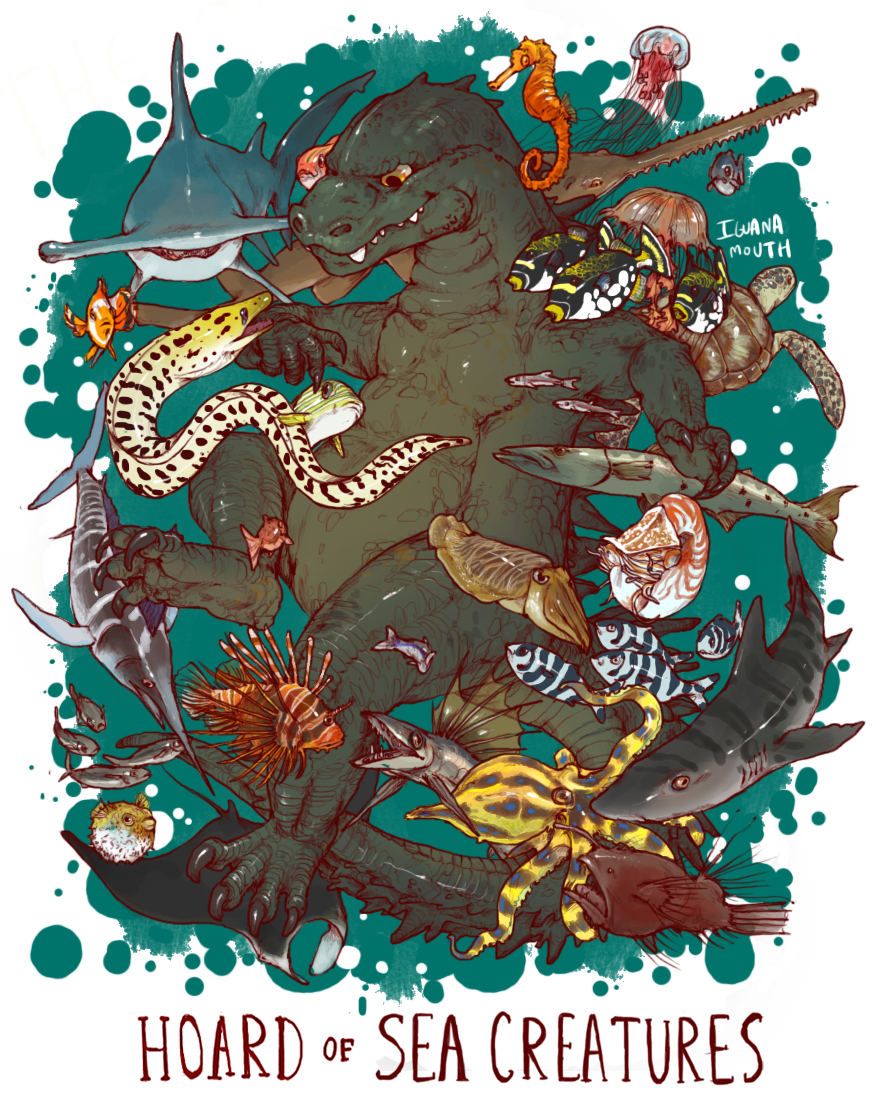 ambiguous_gender cephalopod dragon english_text fish front_view godzilla godzilla_(series) group hippocampus hoard iguanamouth jellyfish long_tail marine octopus scalie semi-anthro signature size_different swimming tagme text underwater water