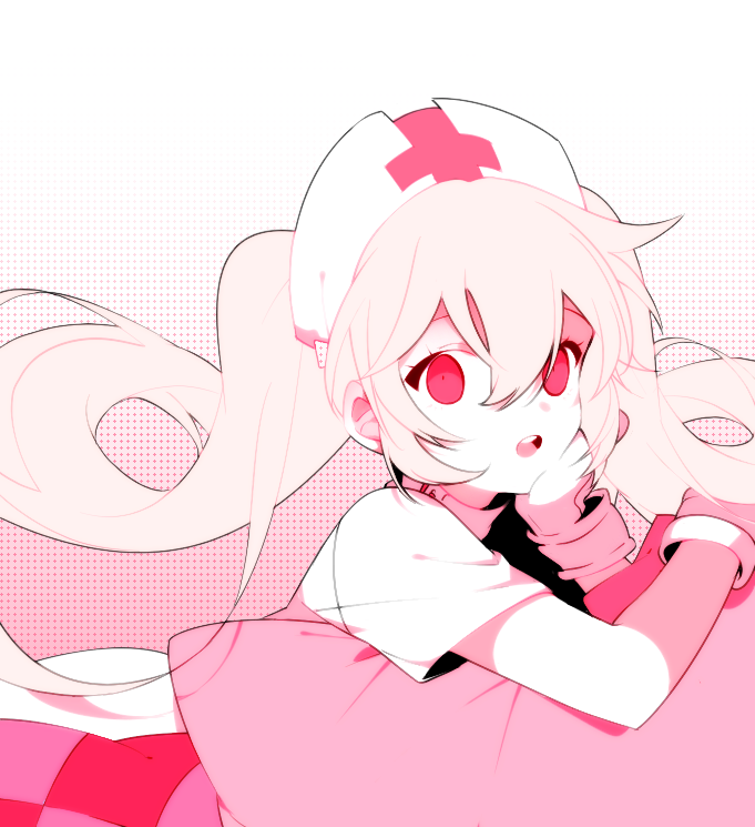2rott_(peha) :o gradient gradient_background hat long_hair looking_at_viewer monochrome nurse nurse_cap open_mouth original pillow pink pink_hair red_eyes simple_background solo twintails wrist_cuffs