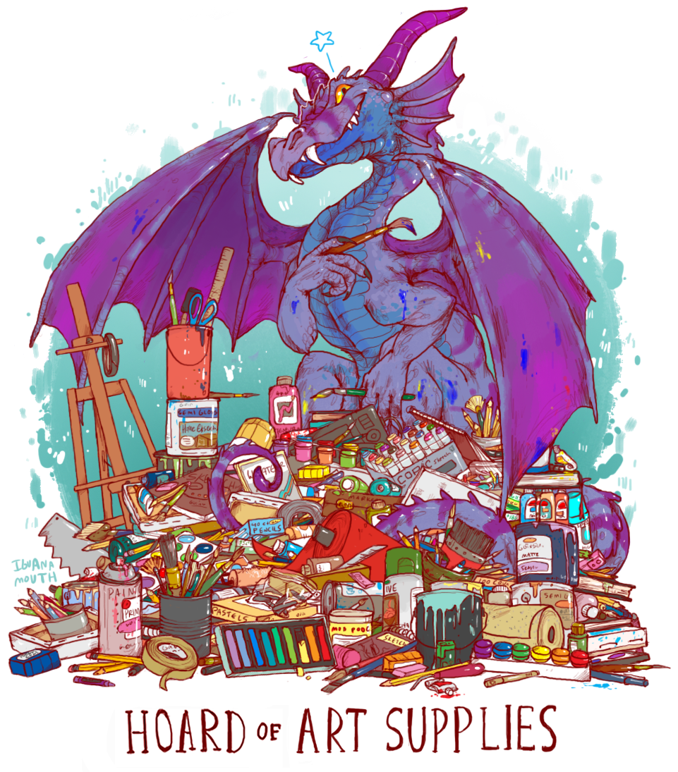 ambiguous_gender dragon english_text feral frill hoard holding_object horn iguanamouth long_neck long_tail looking_at_viewer paint paintbrush pose proud scalie semi-anthro sharp_teeth signature sitting smile solo spread_wings stains tagme teeth text wings