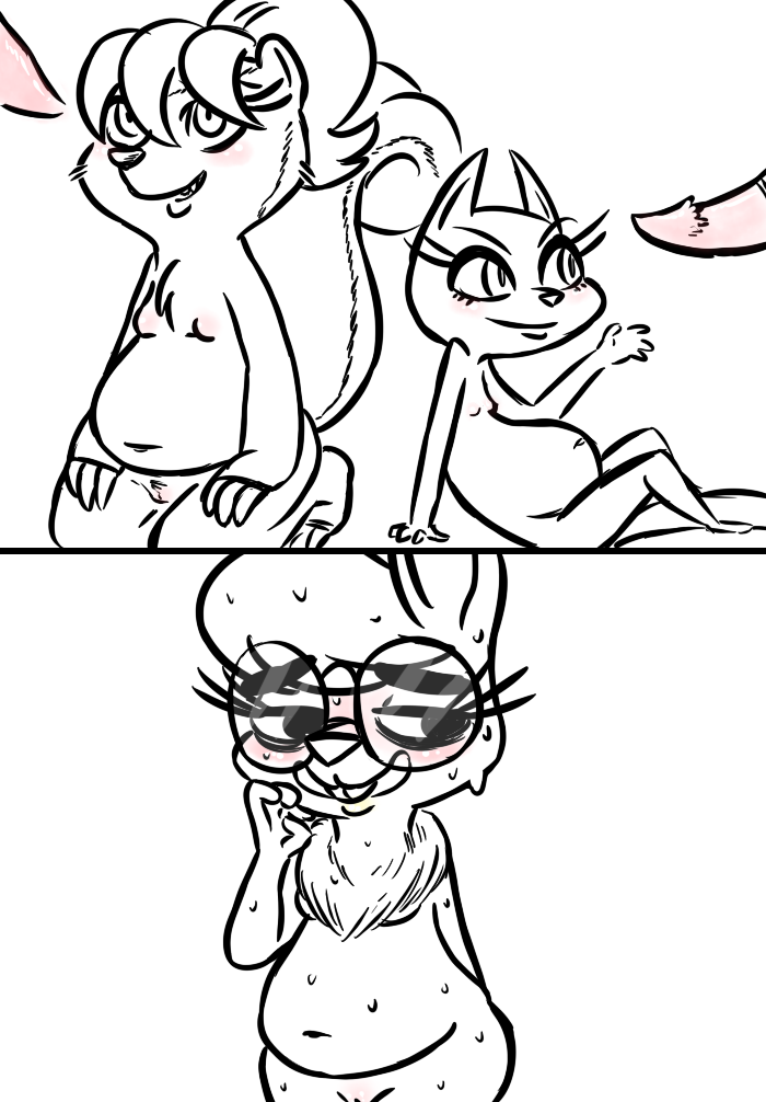 2016 anthro belly big_belly blush breasts buckteeth caitlin_vison chest_tuft claws dewlap disembodied_penis disney eyewear fan_character female flat_chested glasses group inkyfrog kneeling lagomorph male mammal maxine_d'lapin monica_muskroura mustelid navel nipples nude penis polecat pregnant pussy rabbit restricted_palette simple_background sitting skunk small_breasts smile sweat teeth tuft white_background zootopia