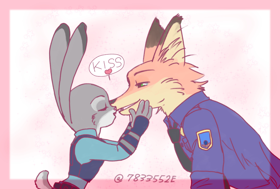 &lt;3 badge belt black_fur black_nose blush bulletproof_vest canine clothed clothing disney duo eyes_closed female fox fur green_eyes grey_fur inner_ear_fluff judy_hopps kissing lagomorph long_ears male mammal nahami necktie nick_wilde open_mouth orange_fur pink_nose police_uniform predator/prey rabbit size_difference smile tall uniform white_fur yellow_fur zootopia