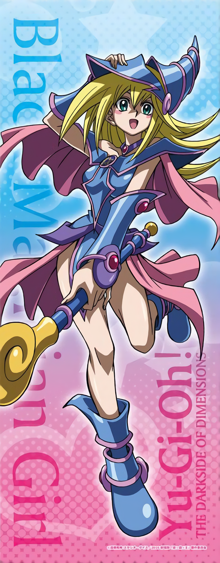 1girl bare_legs bare_shoulders blonde_hair blush_stickers boots breasts cape dark_magician_girl duel_monster female green_eyes hat jewel legs long_hair looking_at_viewer magical_girl official_art skirt smile solo waifu2x wand weapon wizard_hat yu-gi-oh! yuu-gi-ou_duel_monsters