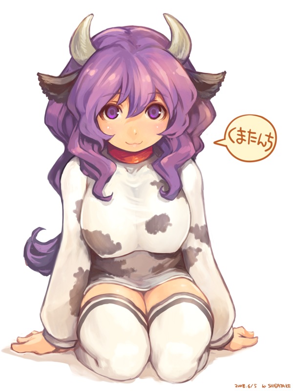 2008 :3 animal_ears animal_print artist_name breasts collar cow_ears cow_girl cow_horns cow_print dated full_body horns huge_breasts kumatanchi long_hair long_sleeves looking_at_viewer purple_eyes purple_hair seiza shigatake simple_background sitting smile socks solo speech_bubble thighhighs ushi-oneesan white_background