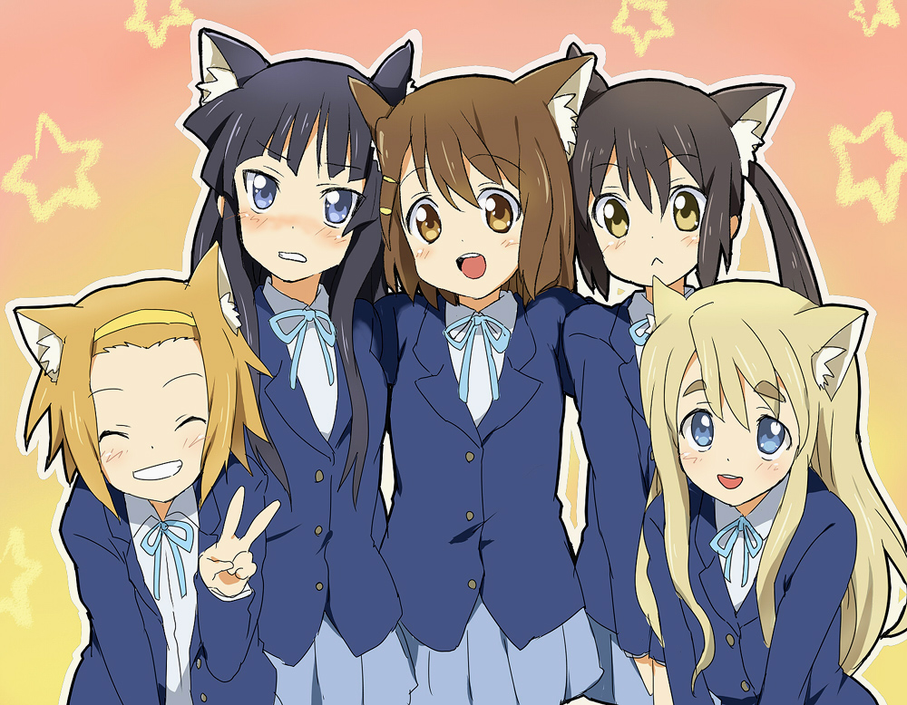 :&lt; akiyama_mio animal_ears bad_id bad_pixiv_id bangs blunt_bangs blush cat_ears closed_eyes eyebrows hair_ornament hairclip hime_cut hirasawa_yui k-on! kemonomimi_mode kotobuki_tsumugi long_hair maruki_(punchiki) multiple_girls nakano_azusa school_uniform tainaka_ritsu twintails v