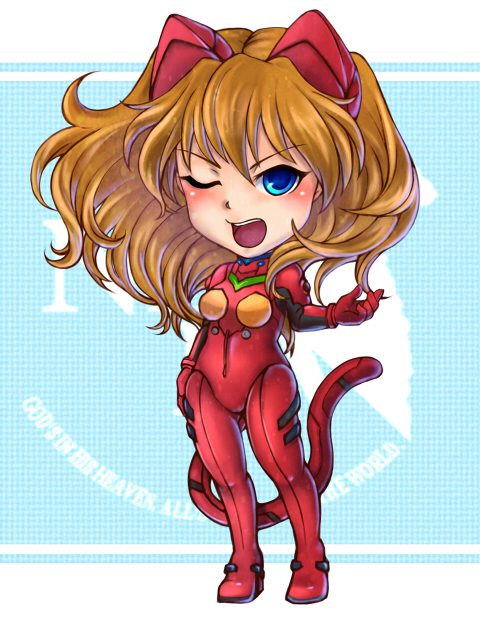 adapted_costume animal_ears annoyed arm_at_side ass_visible_through_thighs bangs blue_background blue_eyes blush bodysuit bracer breasts brown_hair cat_ears cat_tail checkered checkered_background chibi english fake_animal_ears fake_tail floating_hair full_body gloves hair_between_eyes headgear hips kemonomimi_mode logo long_hair looking_at_viewer nemu-moco neon_genesis_evangelion nerv one_eye_closed open_mouth outstretched_hand pilot_suit plugsuit red_bodysuit small_breasts solo souryuu_asuka_langley standing tail turtleneck upper_teeth v-shaped_eyebrows