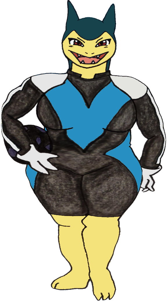 anthro anthrofied badger ball big_breasts breasts clothed clothing cosplay excited fangs female holding_ball holding_object inazuma_eleven mammal mustelid nintendo open_mouth overweight pok&eacute;mon red_eyes simple_background smile soccer soccer_ball solo sport standing thick_thighs tight_clothing typhlosion unknown_artist video_games wide_hips