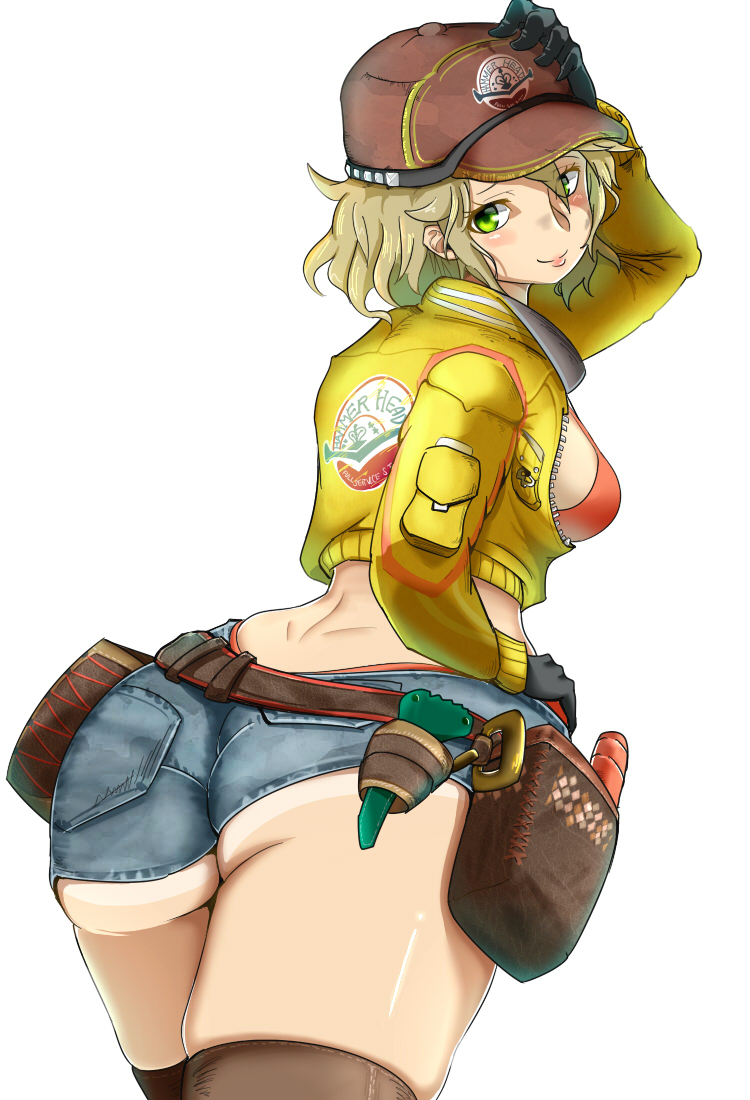 1girl artist_request ass baseball_cap bikini blonde_hair blush bra breasts cidney_aurum cropped_jacket denim denim_shorts dimples_of_venus dirty dirty_face final_fantasy final_fantasy_xv from_behind from_below green_eyes highres holster huge_ass looking_back midriff pouch pov_ass red_bikini short_hair short_shorts shorts smile solo tanline thighhighs thighs thong underwear unzipped utility_belt white_background yellow_jacket