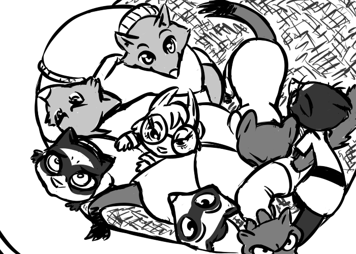 2016 all_fours anthro bird's-eye_view caitlin_vison clothed clothing disney duke_weaselton ermine eyewear fan_character female ferret glasses greyscale group high-angle_view inkyfrog looking_at_viewer looking_up male mammal martina_(weaver) marty_(weaver) monochrome mustelid percy_vison polecat travis_(zootopia) weasel zootopia