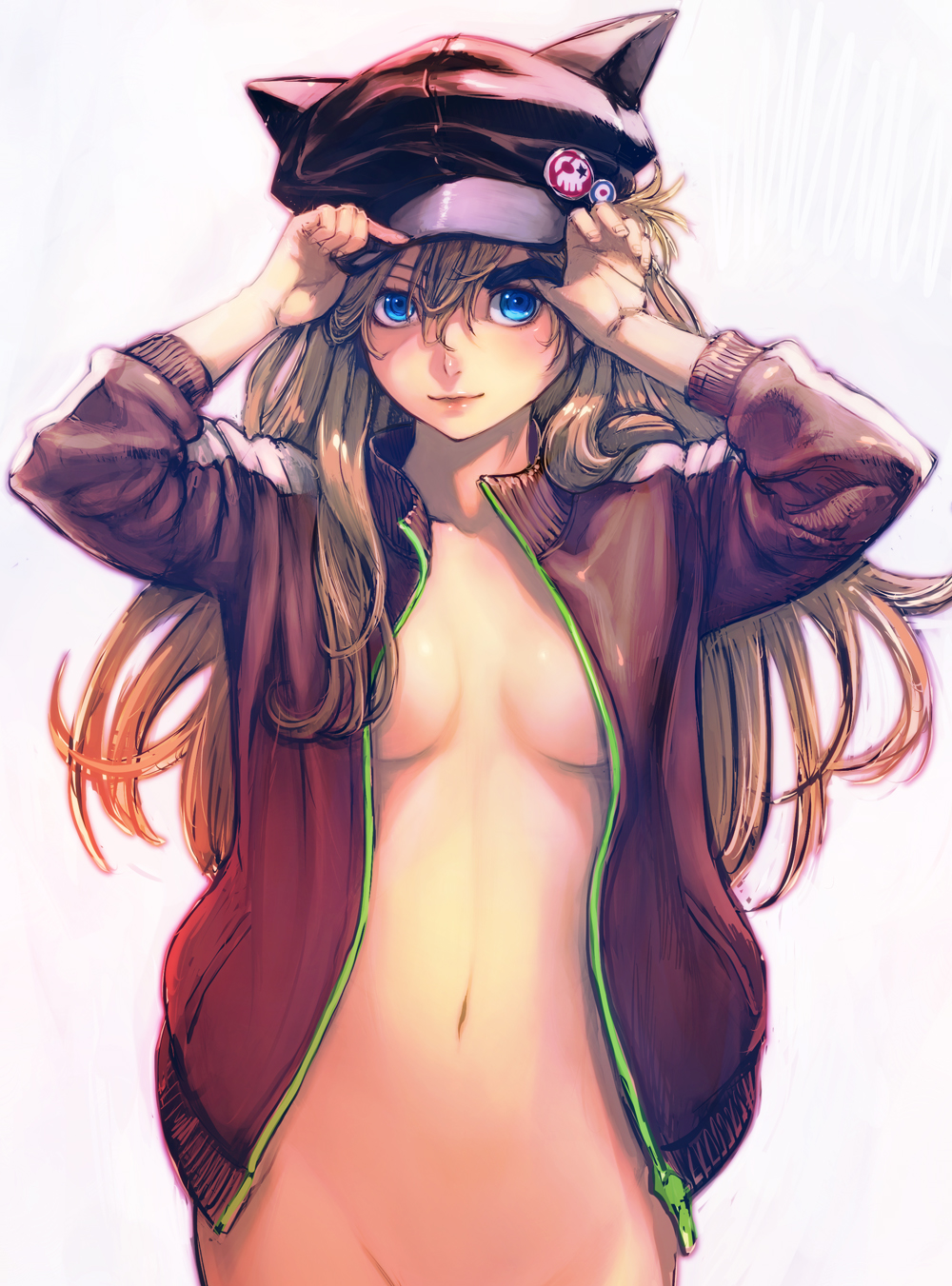 adjusting_clothes adjusting_hat animal_hat arms_up badge black_hat blonde_hair blush bottomless boyaking breasts brown_jacket cat_hat closed_mouth cowboy_shot evangelion:_3.0_you_can_(not)_redo groin hat highres jacket long_hair looking_at_viewer medium_breasts naked_coat navel neon_genesis_evangelion no_bra open_clothes open_jacket open_track_jacket out-of-frame_censoring rebuild_of_evangelion red_lips shikinami_asuka_langley skull_print smile solo souryuu_asuka_langley stomach track_jacket